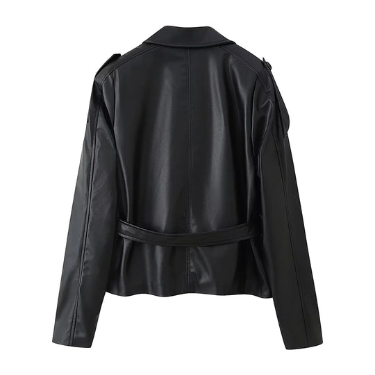 Damen Kunstlederjacke mit eleganten Knopfdetails und Gürteldesign EB