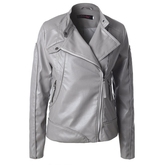 Damen Modische Kunstlederjacke mit asymmetrischem Reißverschluss und Stehkragen EB