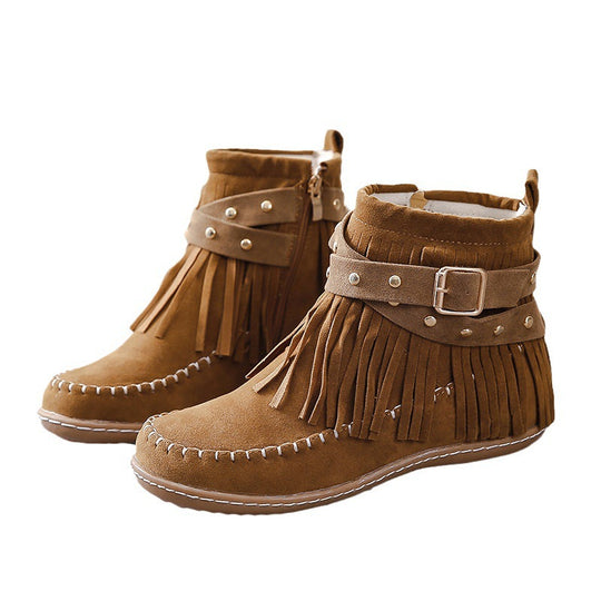Damen nan Fransen-Mokassin-Stiefelette mit Ziergurt, Schnalle und weicher Gummisohle EB