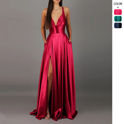 Damen Elegantes Maxikleid mit tiefem V-Ausschnitt und modischem Schlitz EB