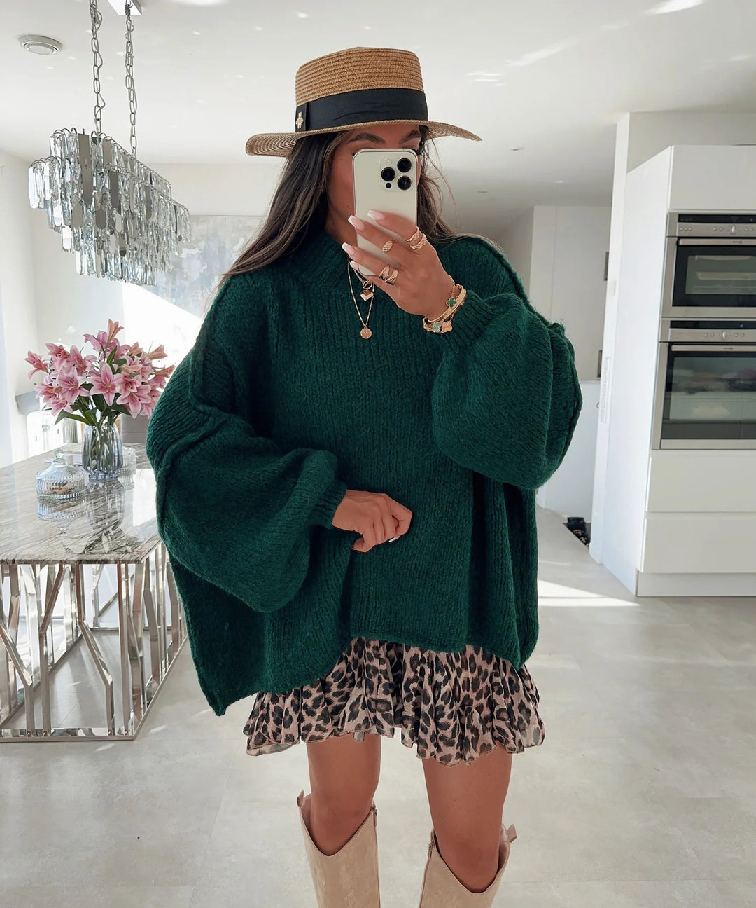 Damen lässiger Oversize Pullover mit hohen Ärmeln und unkonventionellem Schnitt EB