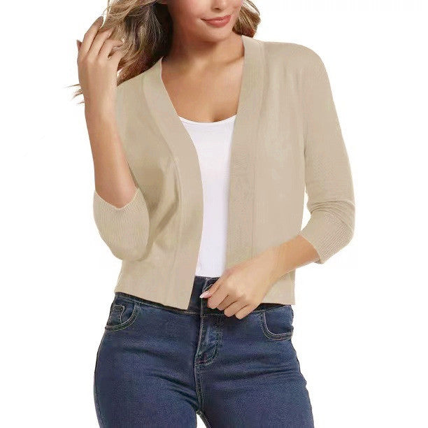 Damen nan offener Kurzcardigan mit dreiviertelärmeln und elastischem Saum EB