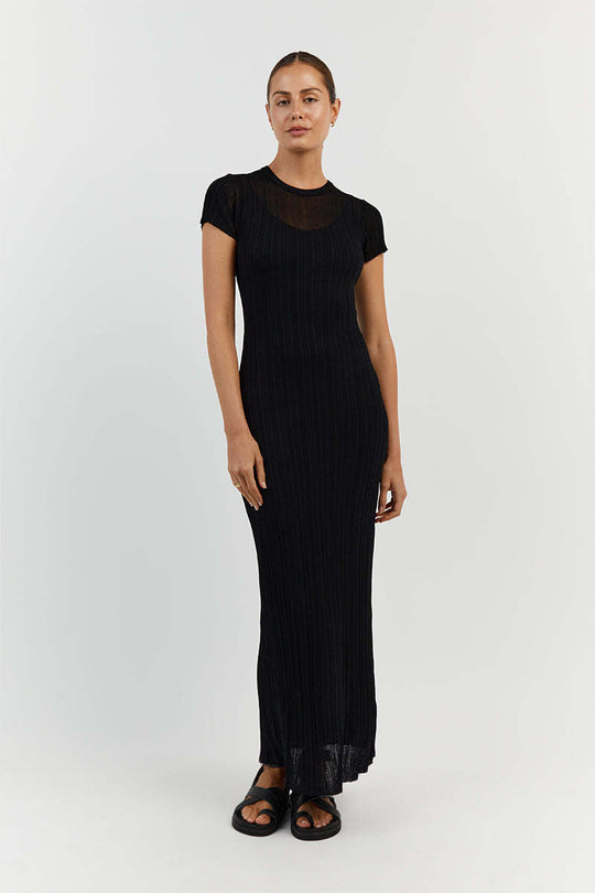 Damen Elegantes Maxikleid mit feiner Rippstruktur und kurzen Ärmeln EB