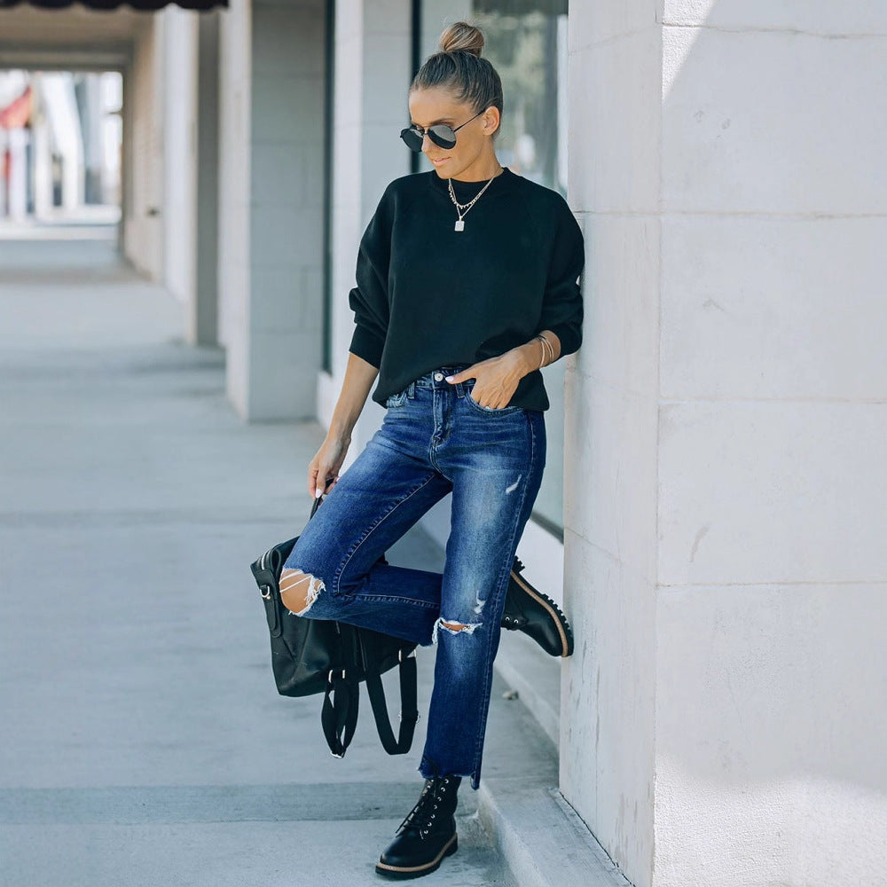 Damen Cropped Jeans mit modischen Rissen und lässigem Saum EB