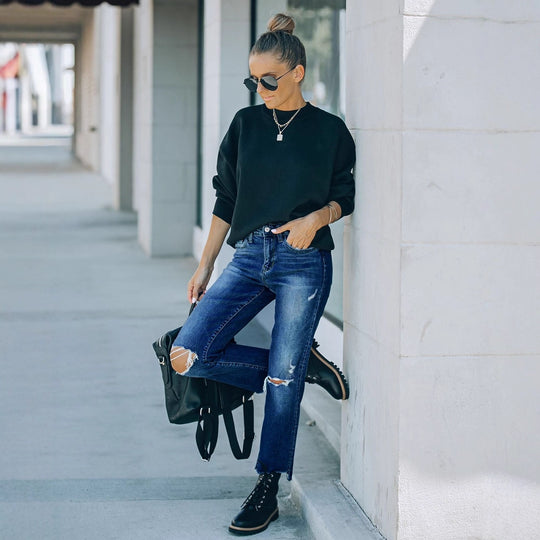 Damen Cropped Jeans mit modischen Rissen und lässigem Saum EB