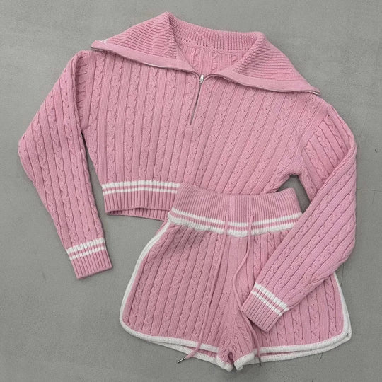 Damen Cropped Strickpullover mit hohem Kragen und Shorts im Set EB
