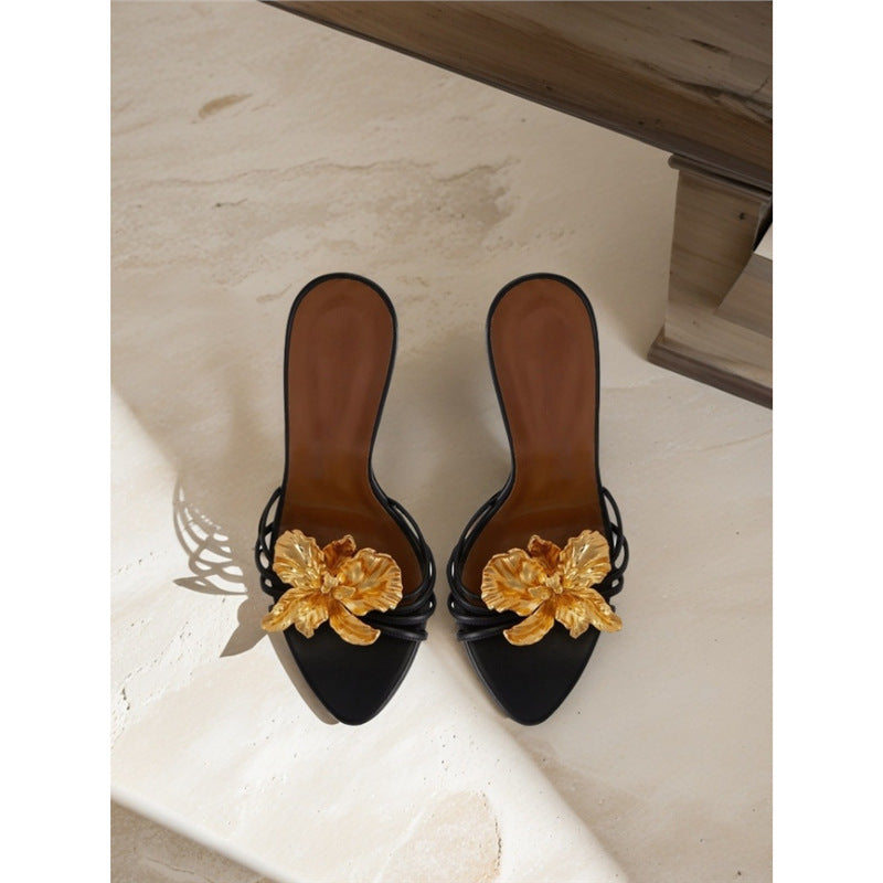Damen elegante High Heel Sandalen mit zierlicher Blumenapplikation EB