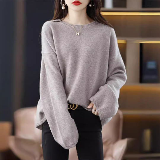 Damen weicher Strickpullover mit weitem Schnitt und legerem V-Ausschnitt EB