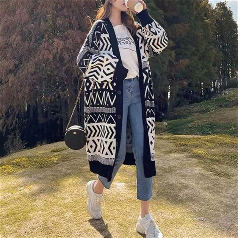 Damen Long Cardigan mit grafischem Design und tiefen Taschen EB