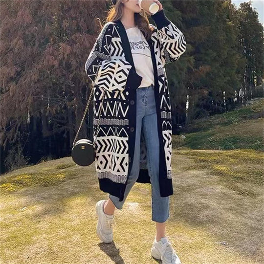 Damen Long Cardigan mit grafischem Design und tiefen Taschen EB