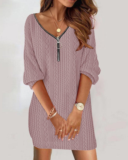 Damen lässiges Strickkleid mit modernem Reißverschluss EB