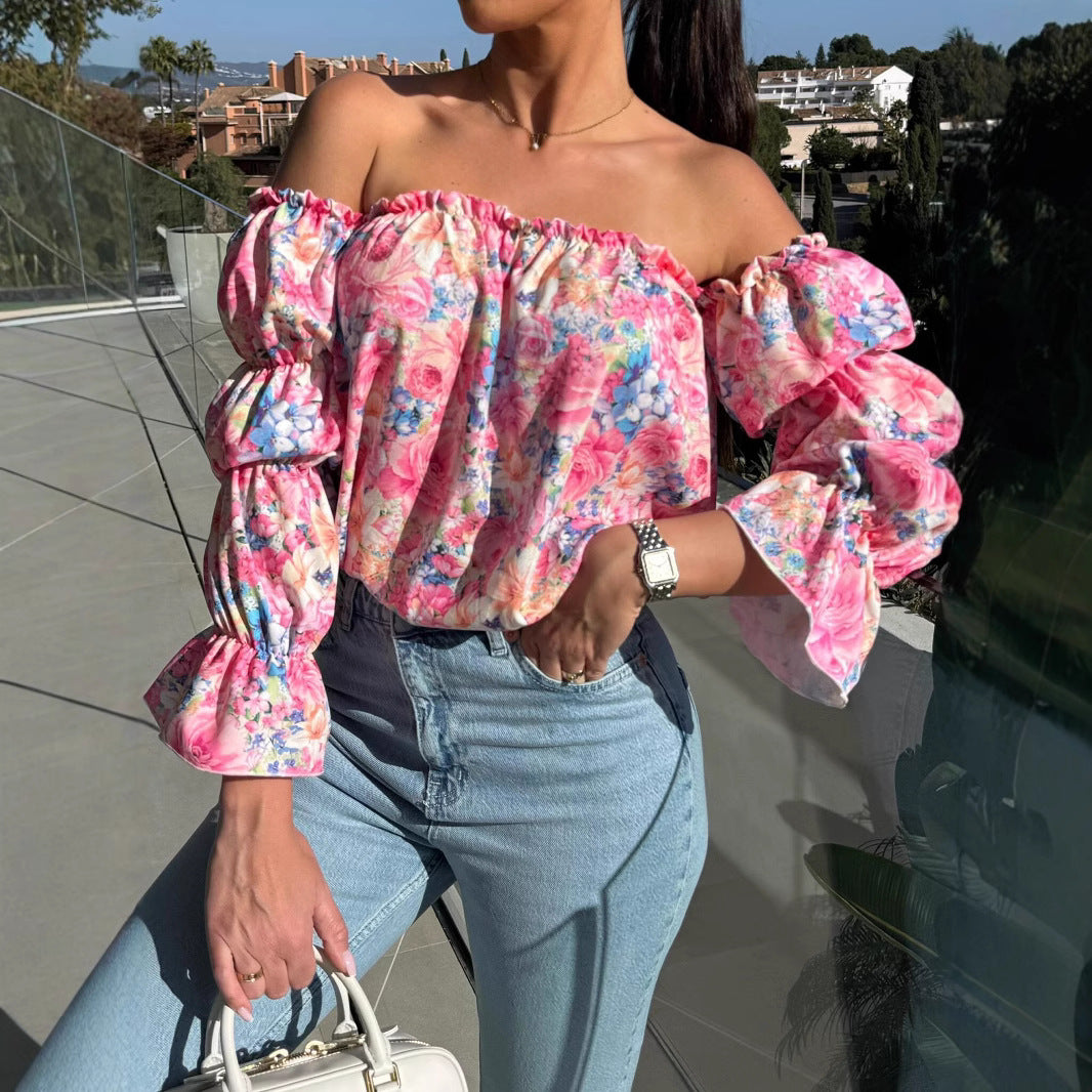 Damen Off-Shoulder Bluse mit Rüschendetails und floralen Mustern EB
