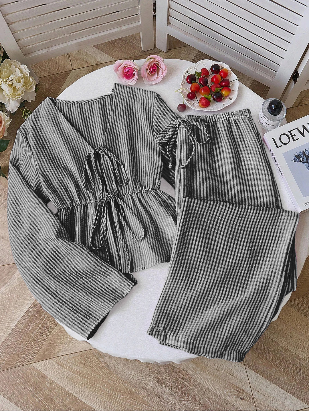 Damen nan gestreiftes Leinenähnliches Homewear-Set mit gerafftem Tunnelzugoberteil und elastischer Bundhose EB