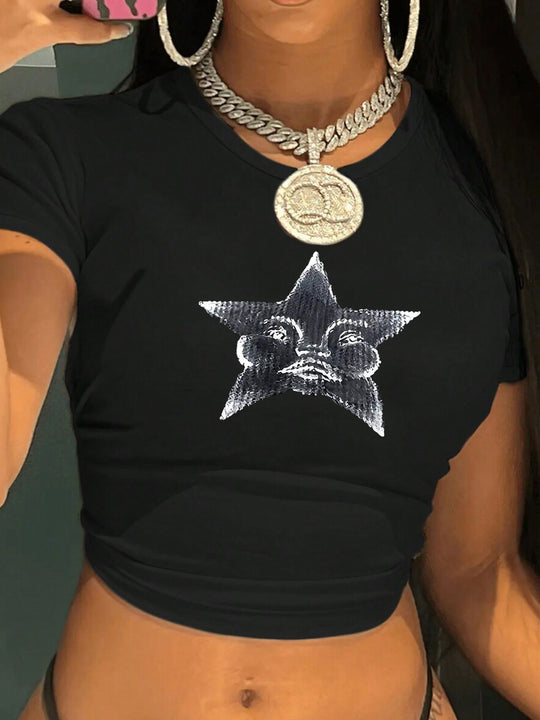 Damen Crop-T-Shirt mit kreativem Telefon-Design EB