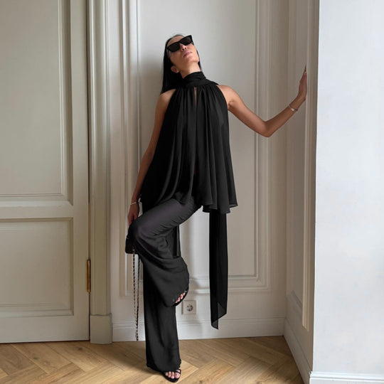 Damen Elegantes Chiffonoberteil mit tiefem Wasserfallausschnitt und fließendem Stoff EB