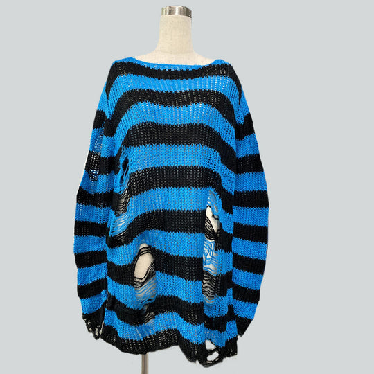Damen nan Oversized Grobstrickpullover mit breiten Blockstreifen und aufgerissenem Design EB
