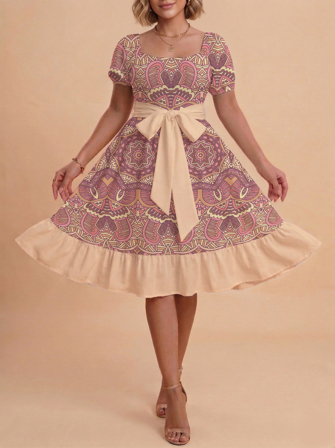 Damen A-Linien-Kleid mit floralen Motiven und taillierbarem Gürtel EB