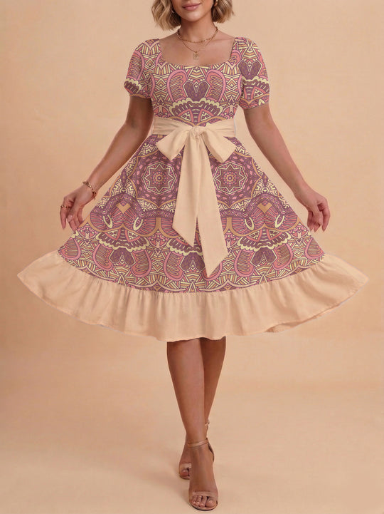 Damen A-Linien-Kleid mit floralen Motiven und taillierbarem Gürtel EB