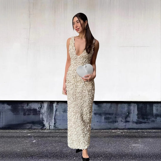 Damen Exquisites Abendkleid mit floralem Design und tiefem Ausschnitt EB