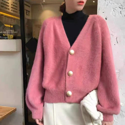 Damen Flauschige Strickjacke mit eleganten Knopfdetails EB