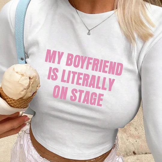 Damen Crop-T-Shirt mit kreativem Augenmotiv und Tourdruck EB