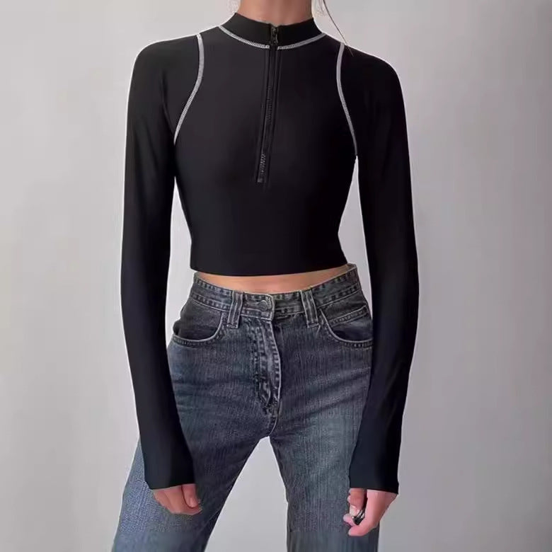 Damen Sportliches langärmliges Crop-Top mit Reißverschluss EB