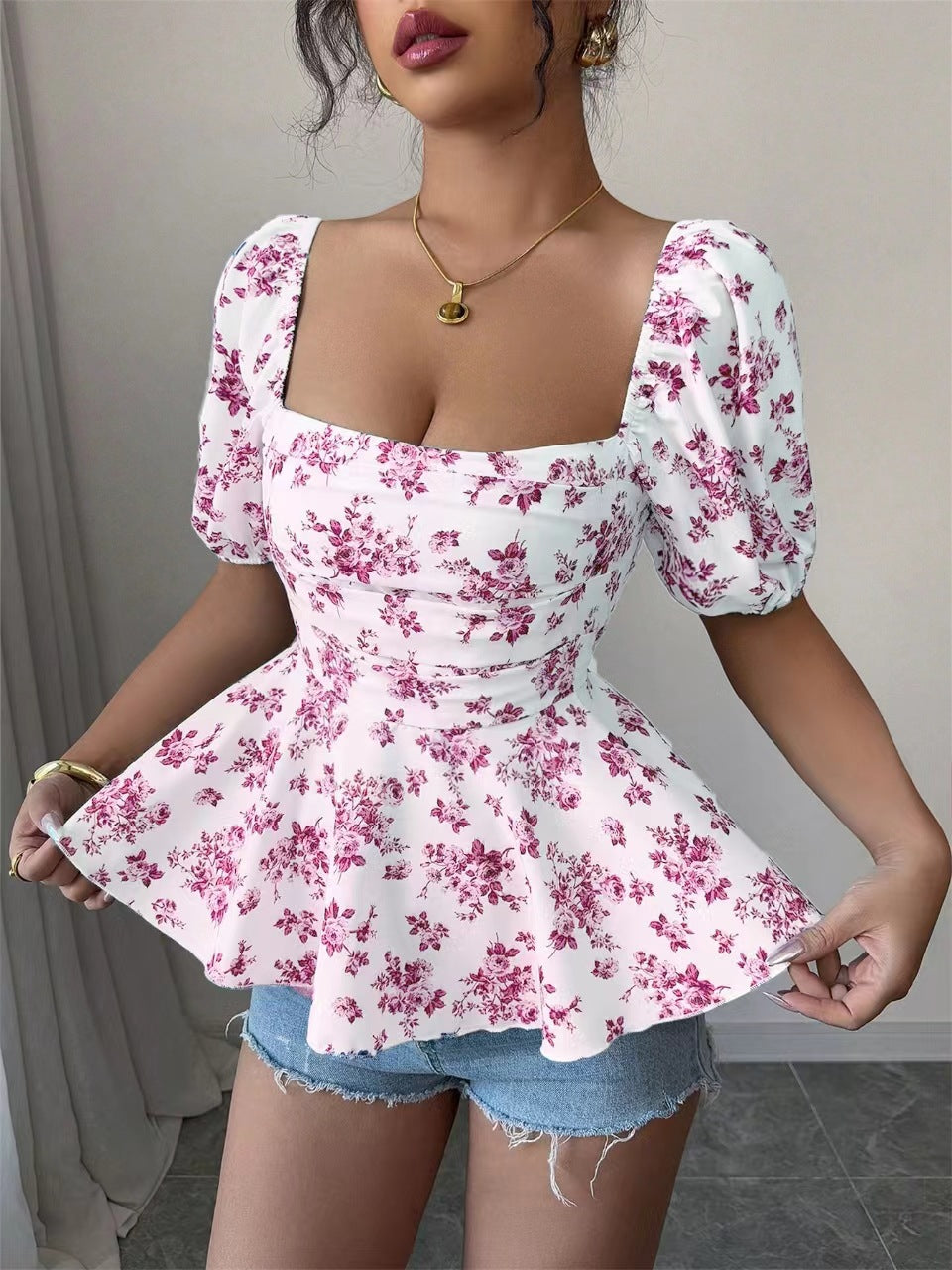 Damen Blusentop mit blumendem Muster und Wickel-Effekt EB