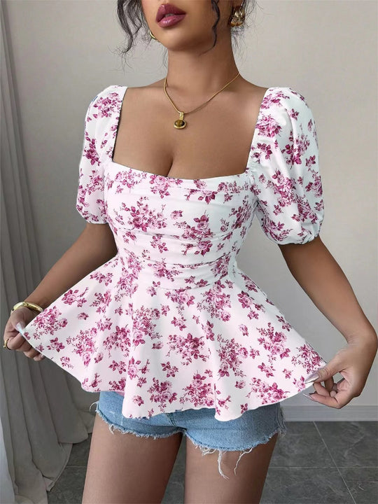 Damen Blusentop mit blumendem Muster und Wickel-Effekt EB