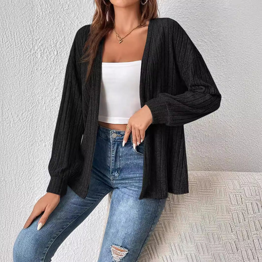 Damen Strickjacke mit tiefem V-Ausschnitt und strukturierter Rippoptik EB