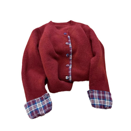 Damen Strickjacke mit Kontrastkragen und dekorativen Knöpfen EB