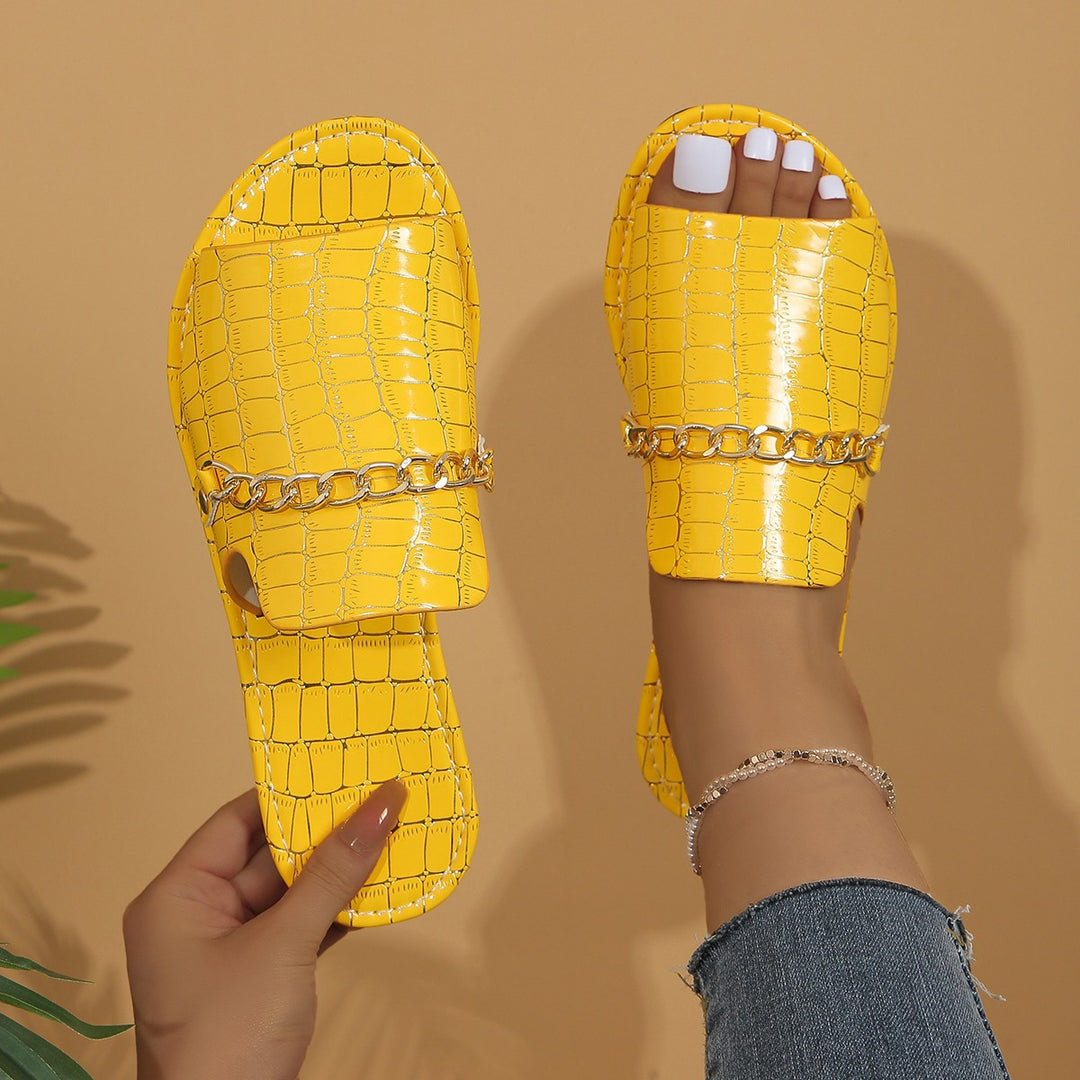 Damen  Croco Prägung Lederimitat Slide mit goldener Schmuckkette und gepolsterter Komfortsohle EB