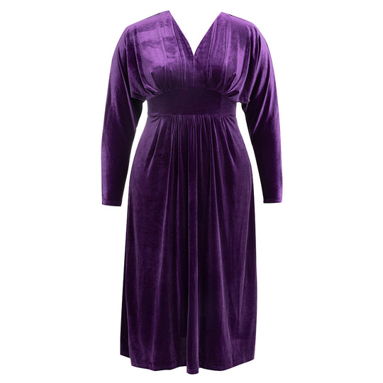 Damen Samt Maxikleid mit elegantem V-Ausschnitt und voluminösen Ärmeln EB