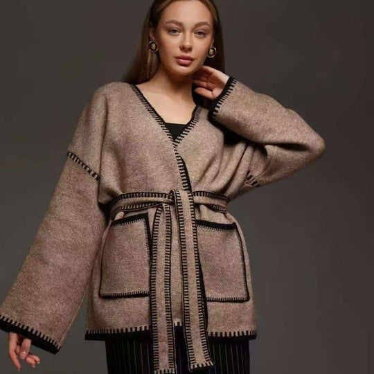 Damen Komfortabler Strick-Cardigan mit praktischen Taschen und Taillengürtel EB