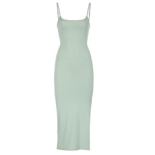 Damen elegantes, figurbetontes Midi-Kleid mit feinen Spaghettiträgern EB