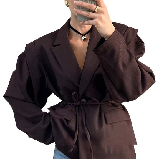 Damen nan taillierter Blumenblazer mit Bindegürtel und Reverskragen EB