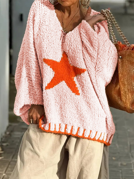 Damen Strickpullover mit V-Ausschnitt und auffälligem Sternenmuster EB