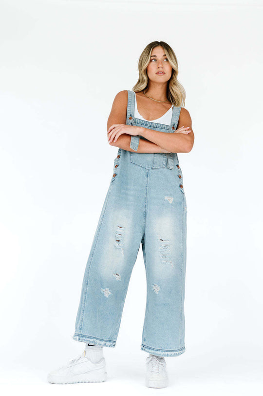Damen nan lässige verwaschene Latzhose aus Jeansstoff mit Rissen und weitem Bein EB