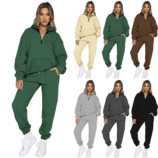 Damen gemütlicher Two-Piece Sweatsuit mit halbem Reißverschluss und praktischen Taschen EB