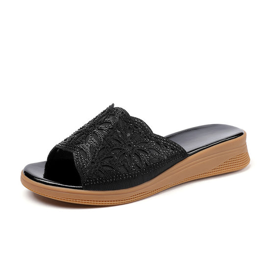 Damen Elegante Wedge-Sandaletten mit funkelndem Blütenmuster und komfortablem Fußbett EB