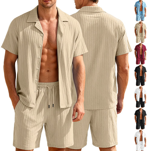 Herren nan geripptes Feinstrick-Lounge-Set mit kurzärmligem Revershemd und Kordelshorts EB