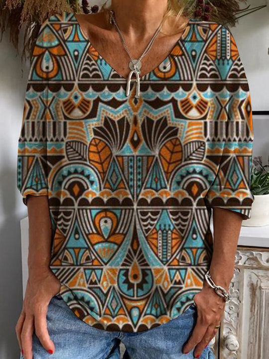 Damen Geometrische Boho-Tunika mit V-Ausschnitt und dreiviertelärmeln EB