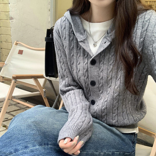 Damen Strickjacke mit Kapuze und Zopfmuster EB