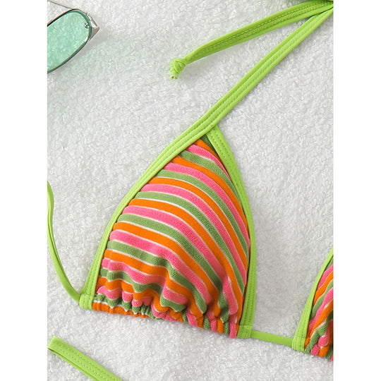 Damen Triangel-Bikini mit trendigem Streifenmuster und anpassbaren Bindebändern EB