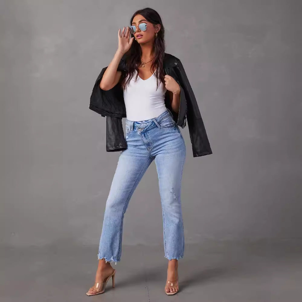 Damen modische Hochwasser Jeans im lässigen Vintage-Stil mit fransigem Saum EB