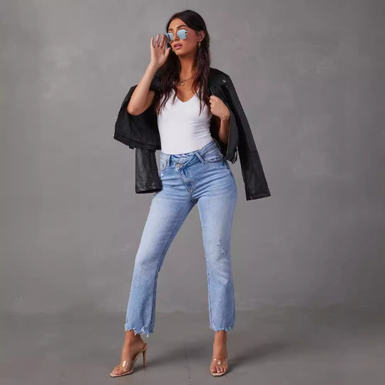 Damen modische Hochwasser Jeans im lässigen Vintage-Stil mit fransigem Saum EB