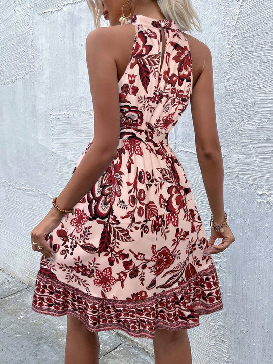 Damen Sommerliches Kragenkleid mit floralem Design und Bindegürtel EB
