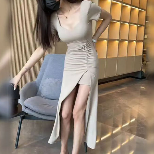 Damen figurbetontes langes Kleid mit schickem Raffungseffekt und hohem Schlitz EB