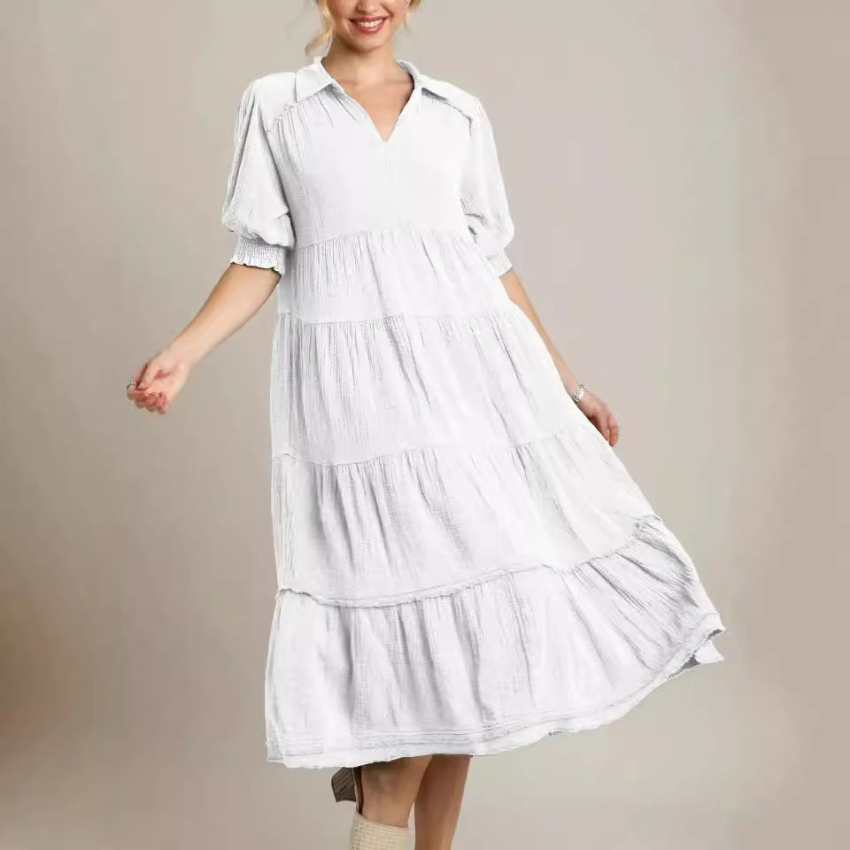 Damen lässiges Maxikleid mit V-Ausschnitt und volumetrischen Ärmeln EB