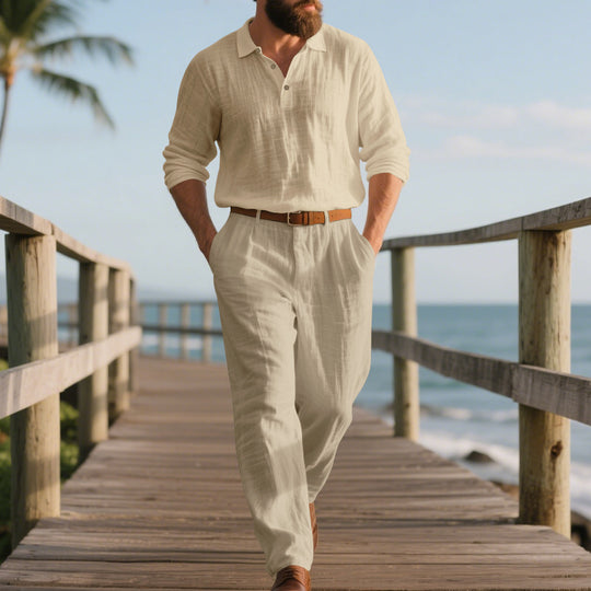 Herren eleganter Freizeit-Jumpsuit mit praktischen Taschen und stylischem Henley-Ausschnitt EB