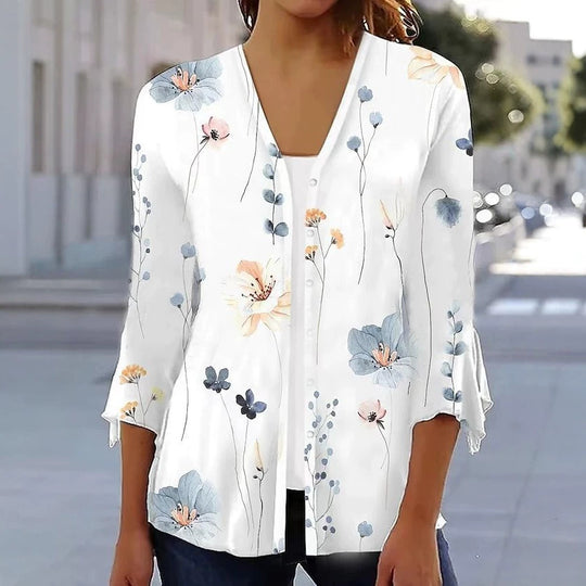 Damen nan leichte Chiffonbluse mit Aquarellblumenprint, V‑Ausschnitt, Knopfleiste und dreiviertelärmeln EB